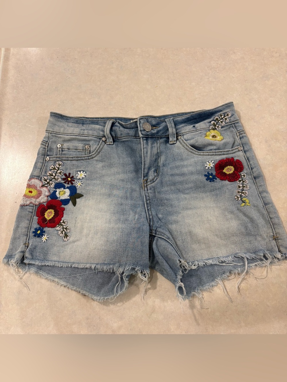 Indigo Rein Light Blue Floral Embroidered Denim Shorts